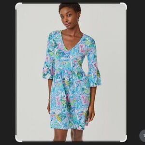 Lilly Pulitzer Jannie v-neck Colorful Patterned Dress with 3/4 Bell Sleeves NWT